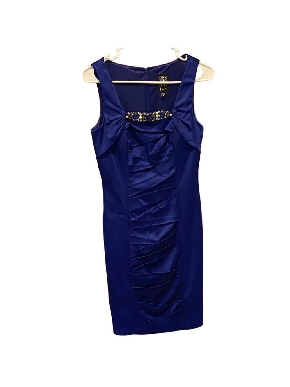 Jax Royal Blue Satin Beaded Knee Length Formal Sheath Dress Size 6